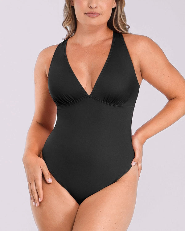 Bare Essentials™ AirSlim® Deep V-Neck Cross Back Thong Bodysuit