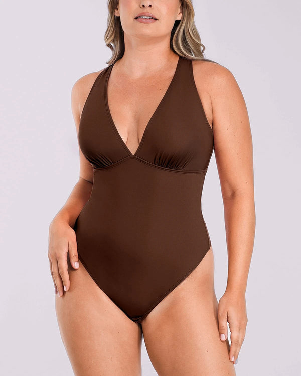 Bare Essentials™ AirSlim® Deep V-Neck Cross Back Thong Bodysuit
