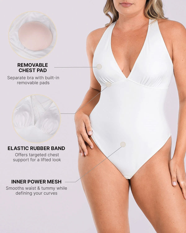 Bare Essentials™ AirSlim® Deep V-Neck Cross Back Thong Bodysuit