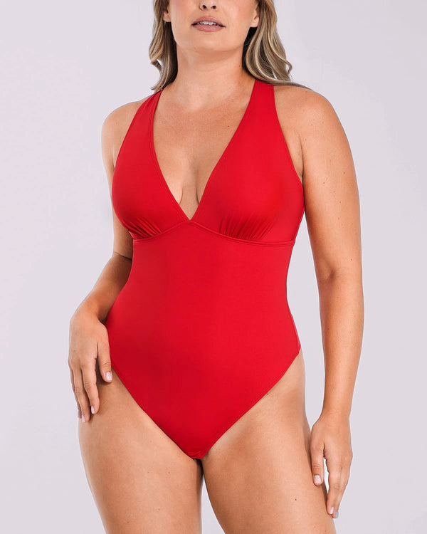 Bare Essentials™ AirSlim® Deep V-Neck Cross Back Thong Bodysuit