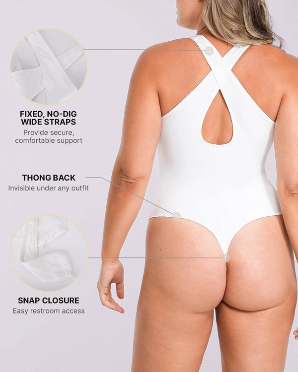 Bare Essentials™ AirSlim® Deep V-Neck Cross Back Thong Bodysuit