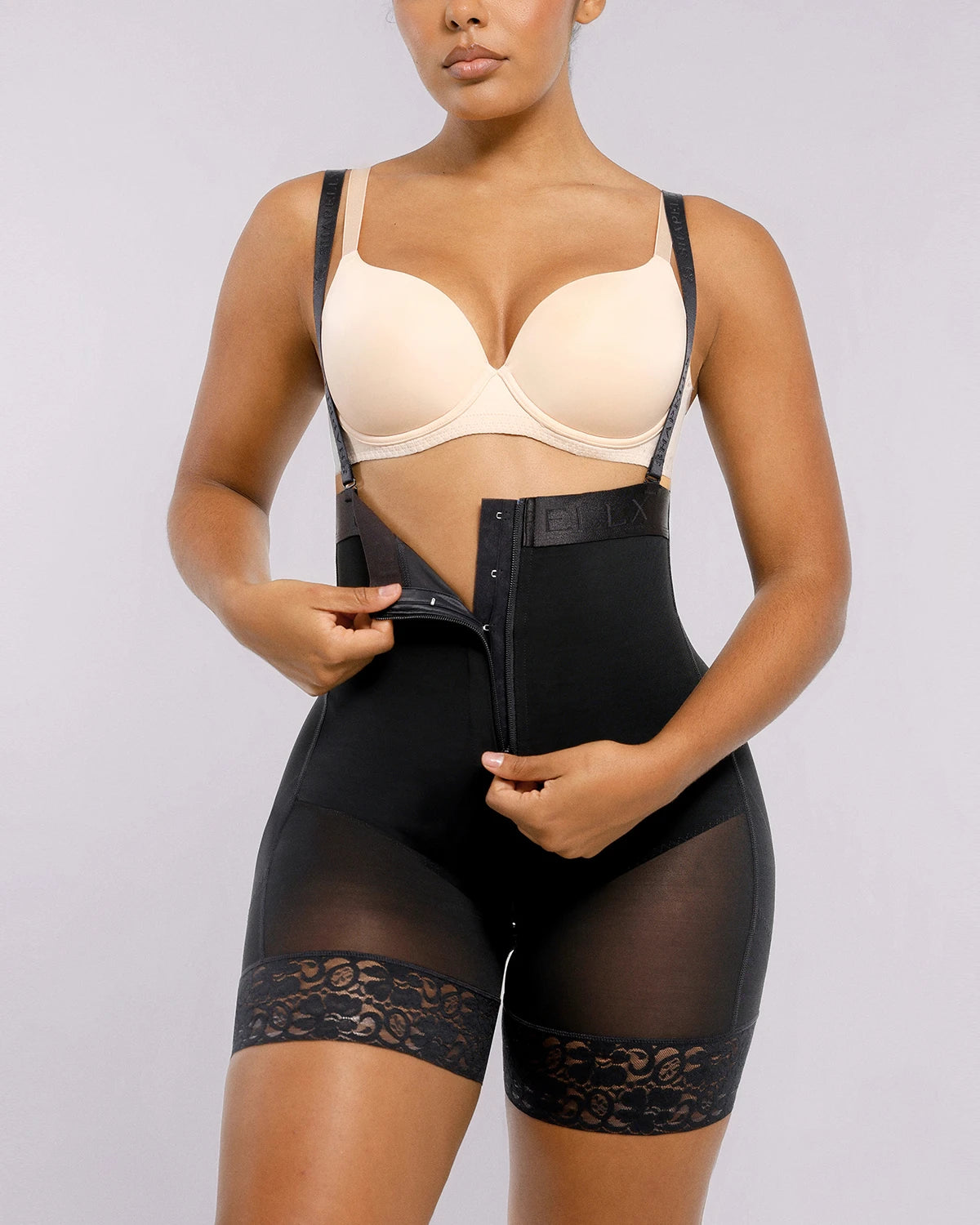 Close-up of three-layer abdominal compression panel for strengthened tummy control