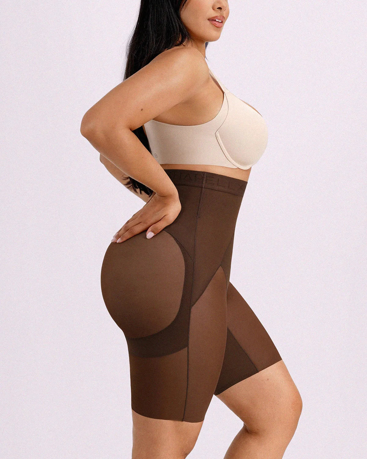 Brown high-waisted shapewear shorts featuring 3D butt lift, midsection smoothing compression, and anti-roll waistband support.