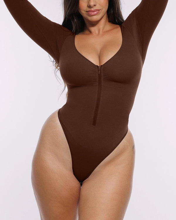 Bare Essentials™ Skin Flow™ Long Sleeve Zipper Front Thong Bodysuit