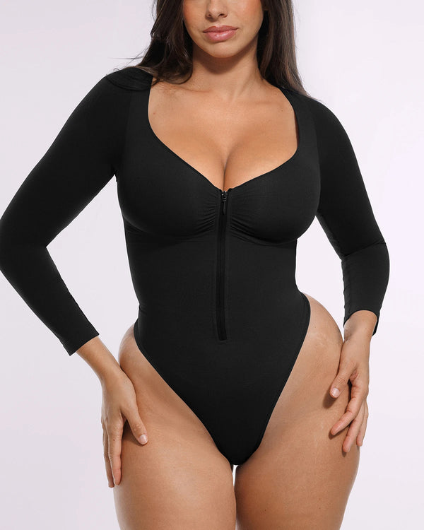 Bare Essentials™ Skin Flow™ Long Sleeve Zipper Front Thong Bodysuit