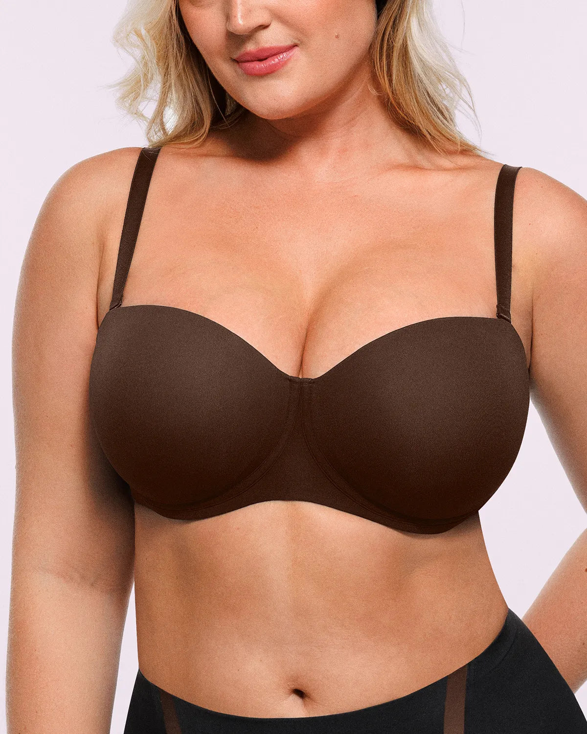 Convertible Strapless Push Up Bra in brown, front view showing contour cups with natural lift