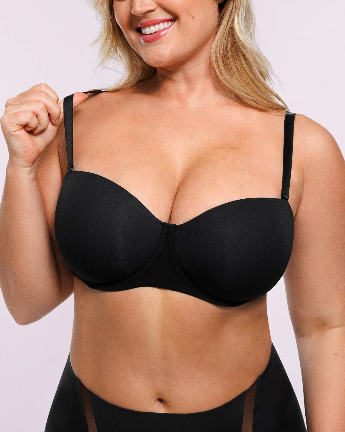 Close-up of multi-way convertible straps styled traditional, criss-cross, and halter
