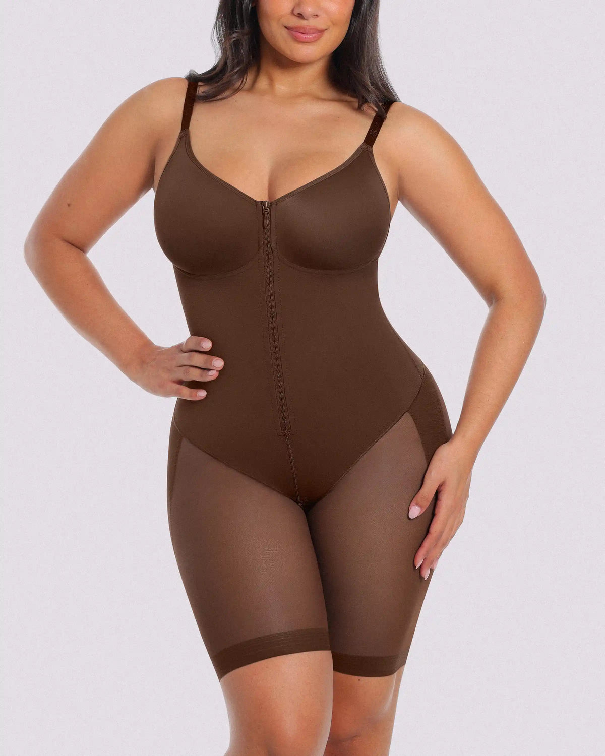 Hourglass full-body bodysuit with mid-thigh coverage and sculpting support