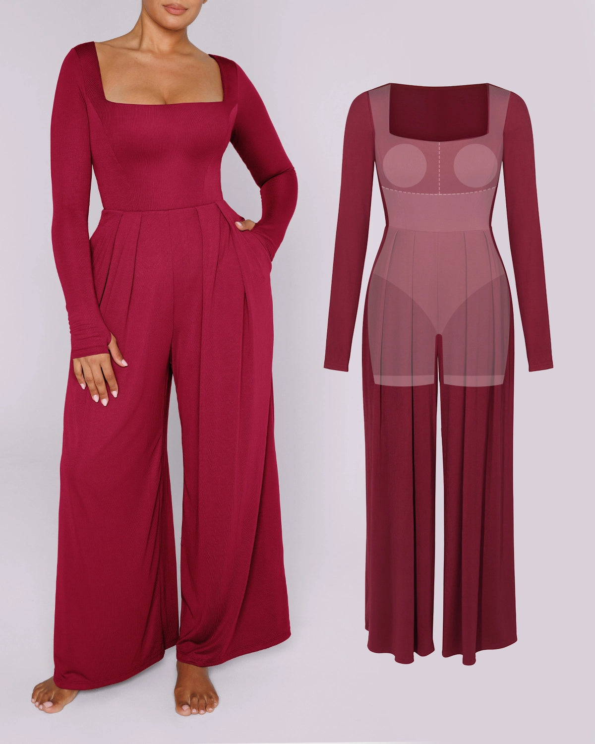 Square Neckline Built-In Shaping Jumpsuit, all-in-one built-in shapewear styling for everyday elegance