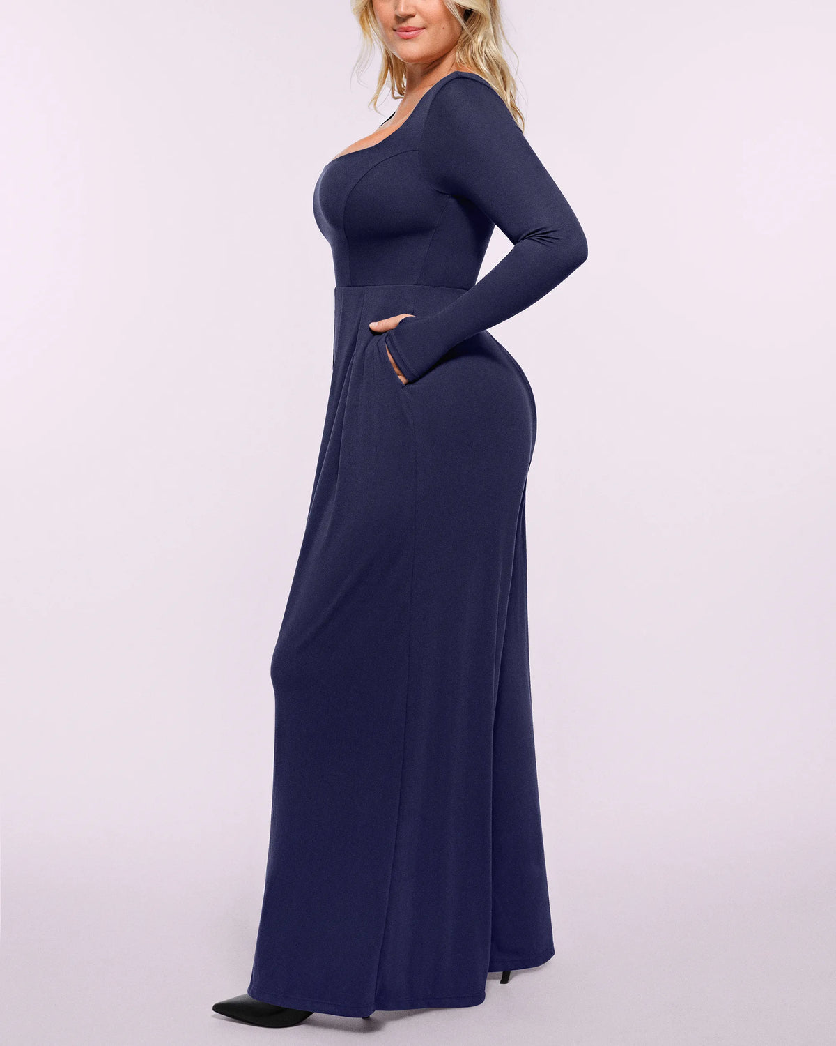 Side view of Square Neckline Built-In Shaping Jumpsuit showing waist and hip contouring