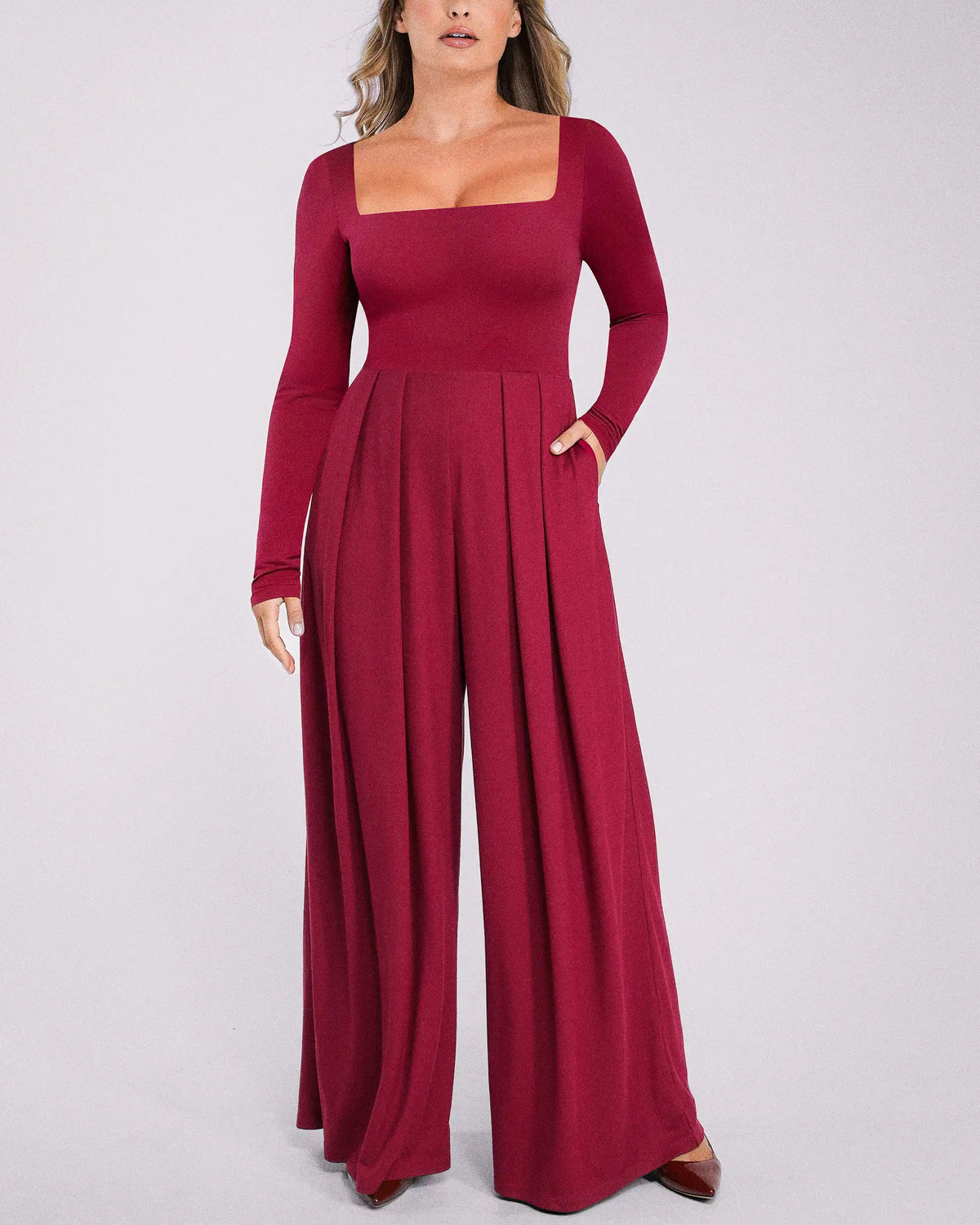 Square Neckline Built-In Shaping Jumpsuit in carmine, front view showing classic square neck design