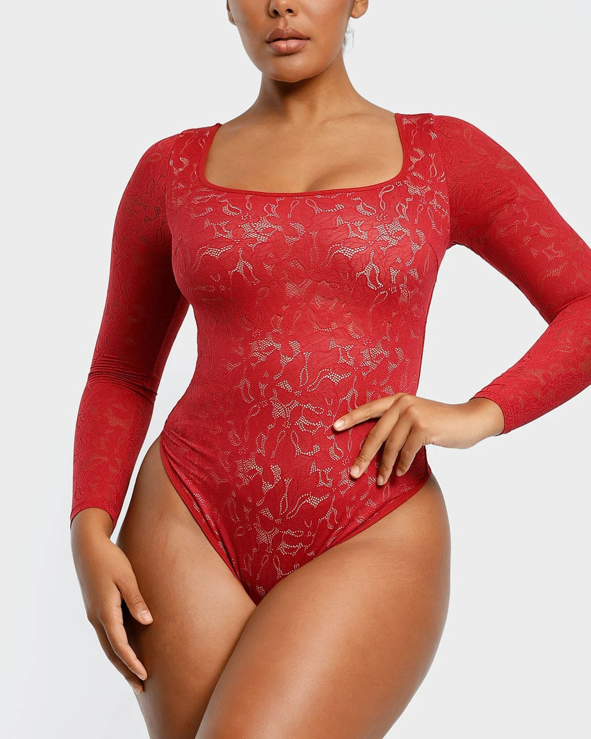 Lace Glamour Leavy Florals Long Sleeve Bodysuit Shapellx