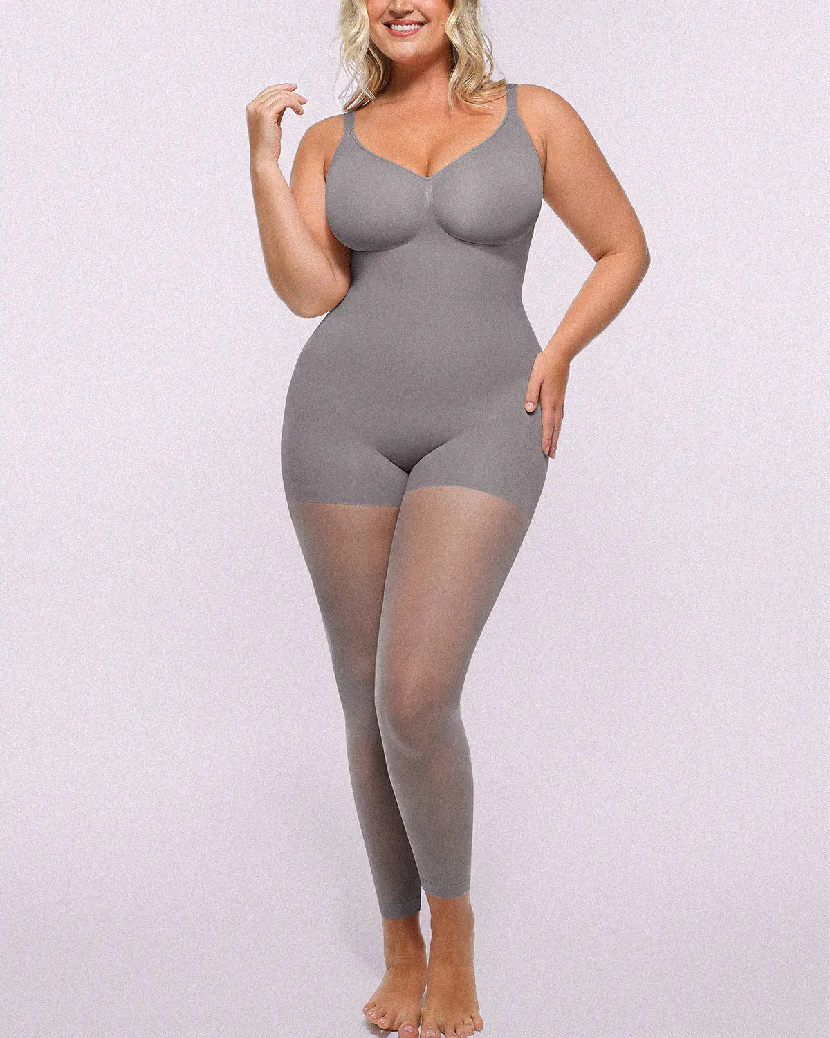MistWeave full-coverage grey bodysuit combining shaping support and seamless layering