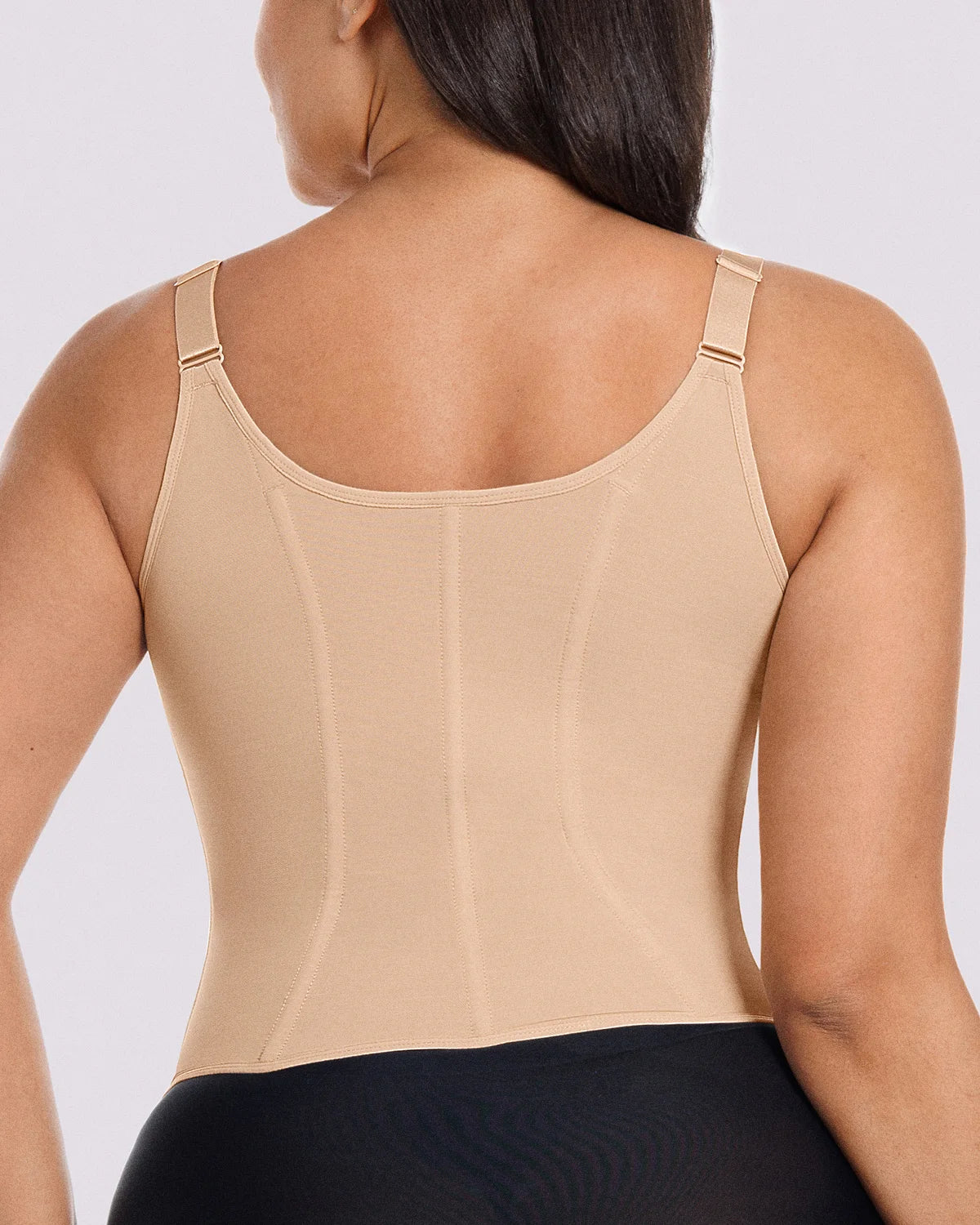 Smooth back design of shaping corset top with supportive fit
