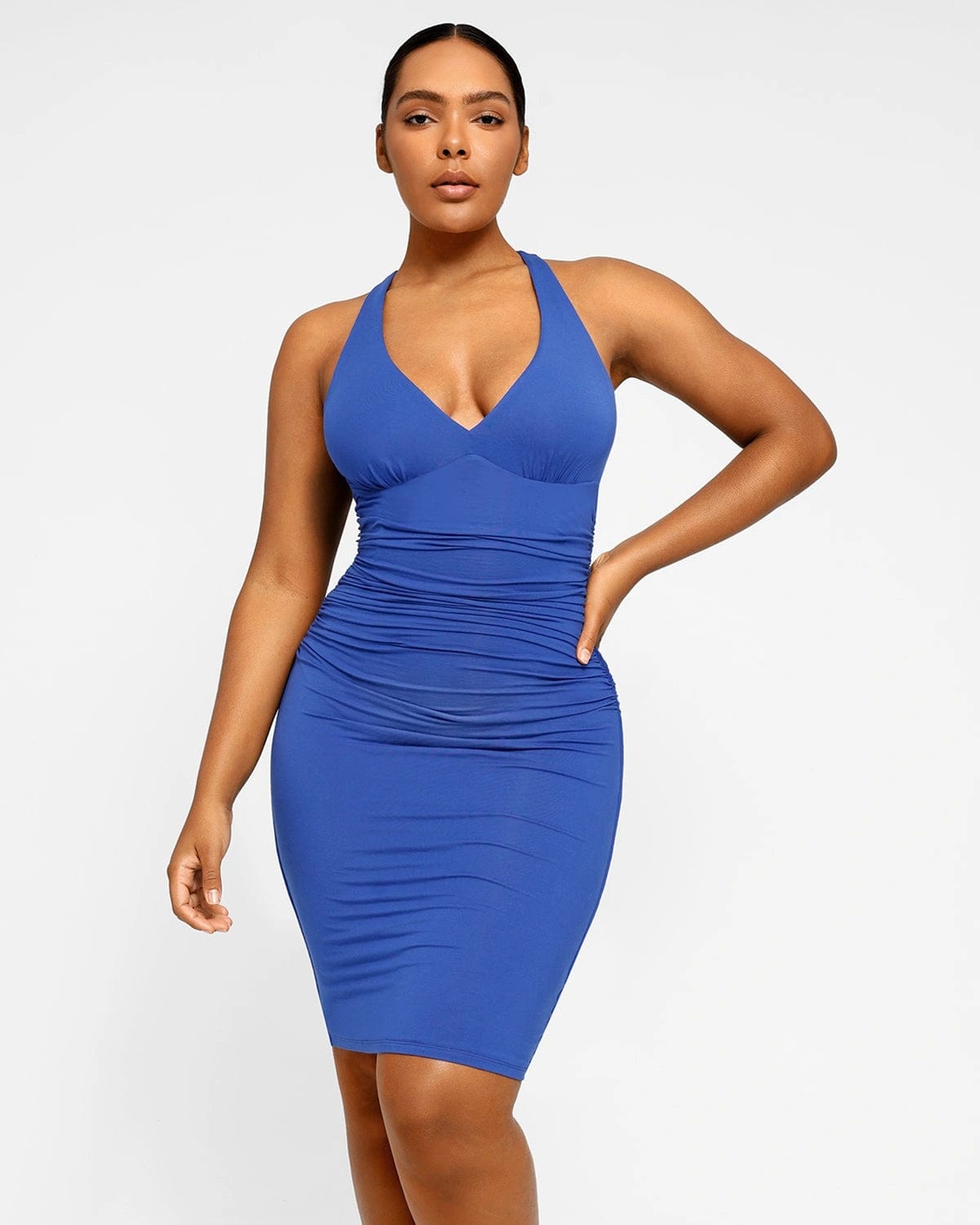 Ruched Deep Plunge Midi Shaping Dress