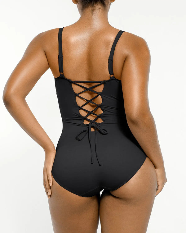 Smart Sculpt Ruched Lace-Up Back Shaping Swimsuit