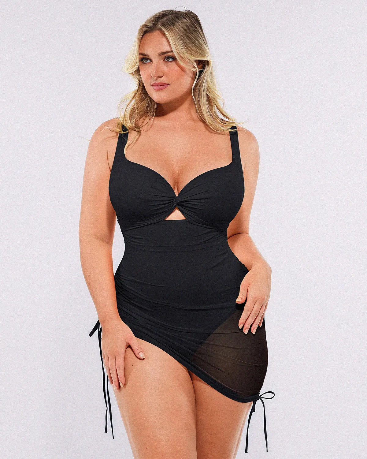 Black mesh wrap shaping swimsuit with tummy control and sculpting support