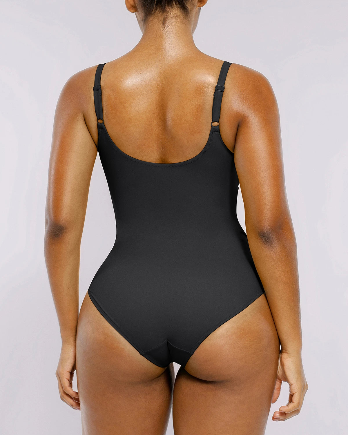 Back view of ribbed one-piece swimsuit with supportive contouring design