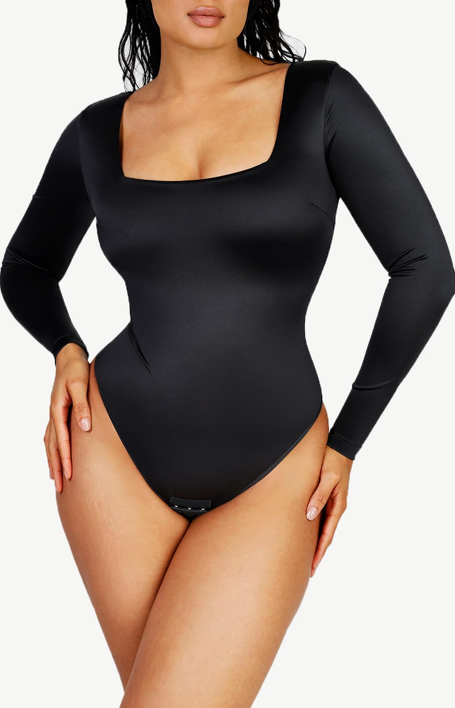 Square Neck Long Sleeve Sleek Thong Bodysuit