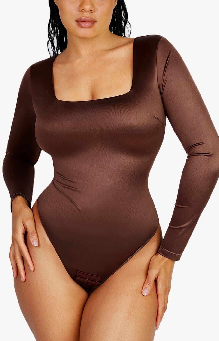 Square Neck Long Sleeve Sleek Thong Bodysuit