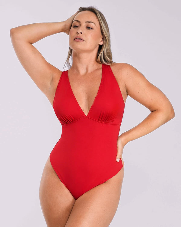 Bare Essentials™ AirSlim® Deep V-Neck Cross Back Thong Bodysuit