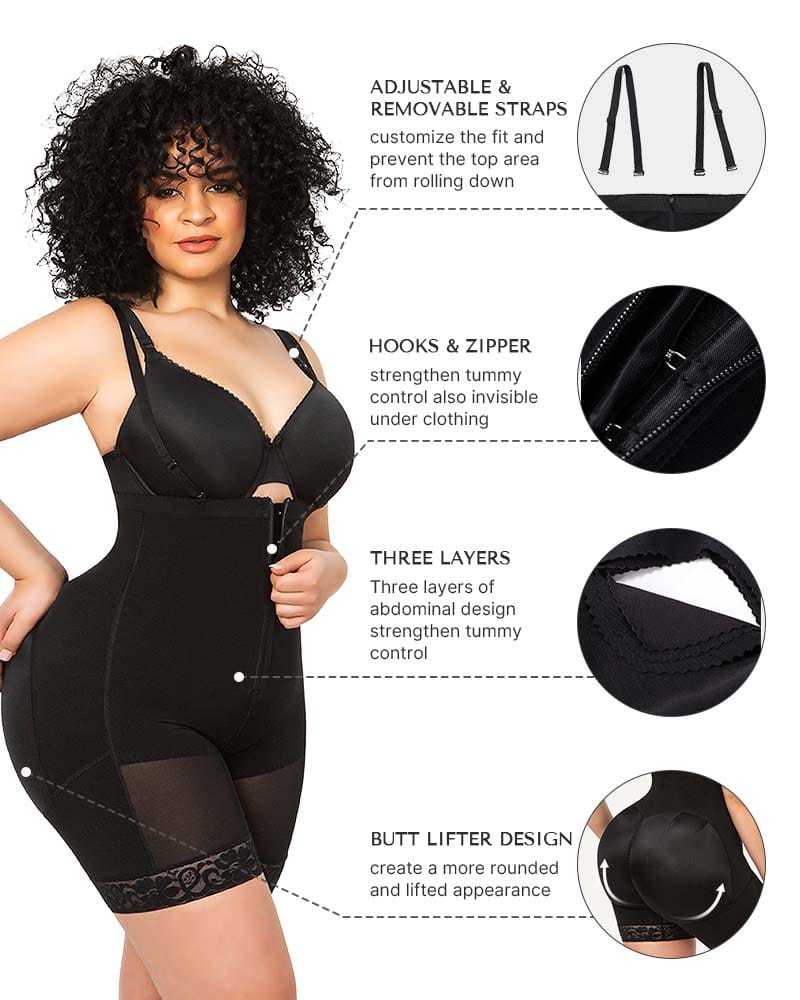 Black Detachable Straps Full Body Shaper Zipper Slimming Stomach