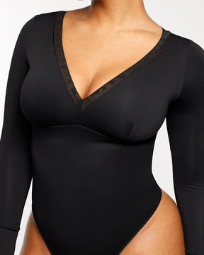 AirSlim® Lace Trim Deep V-Neck Bodysuit - Long Sleeve
