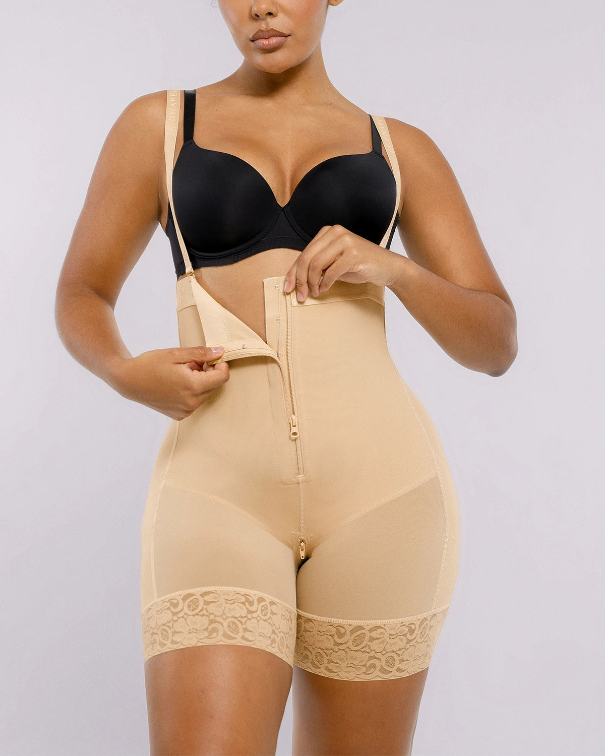 Close-up of zipper crotch design for convenient bathroom access