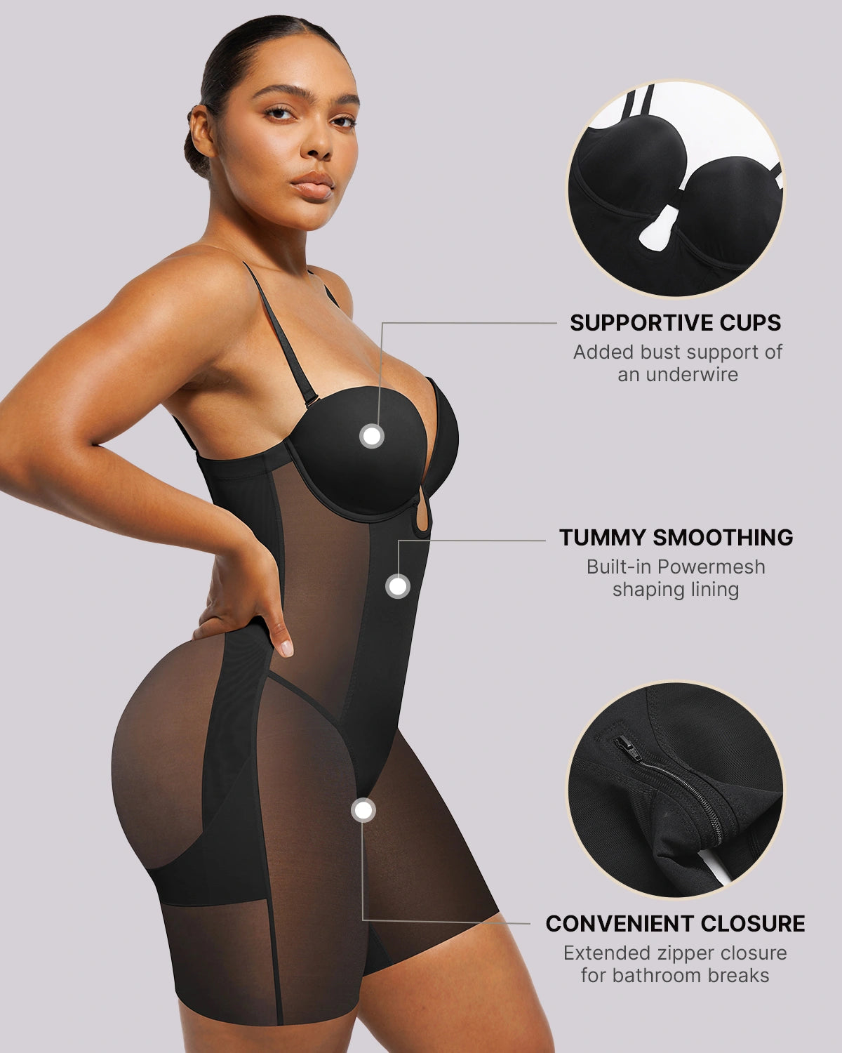 Side profile of shaping bodysuit smoothing the waist and lower abdomen