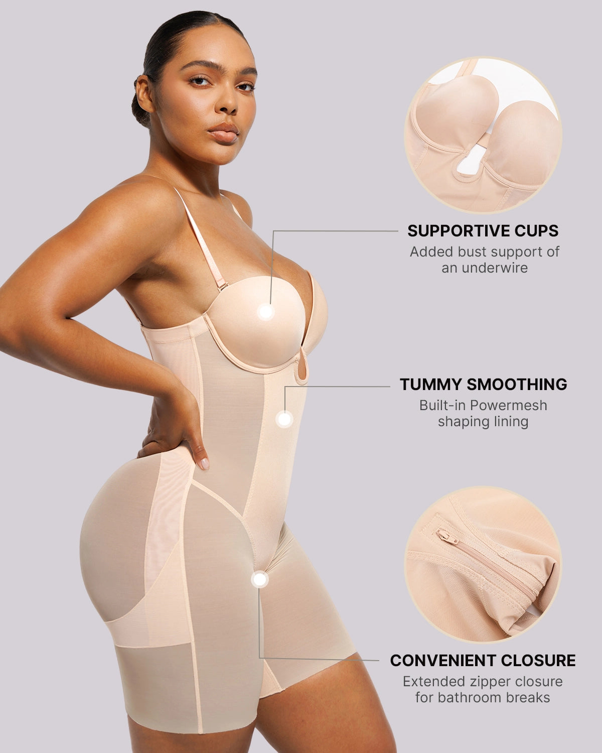 Side profile of shaping bodysuit smoothing the waist and lower abdomen