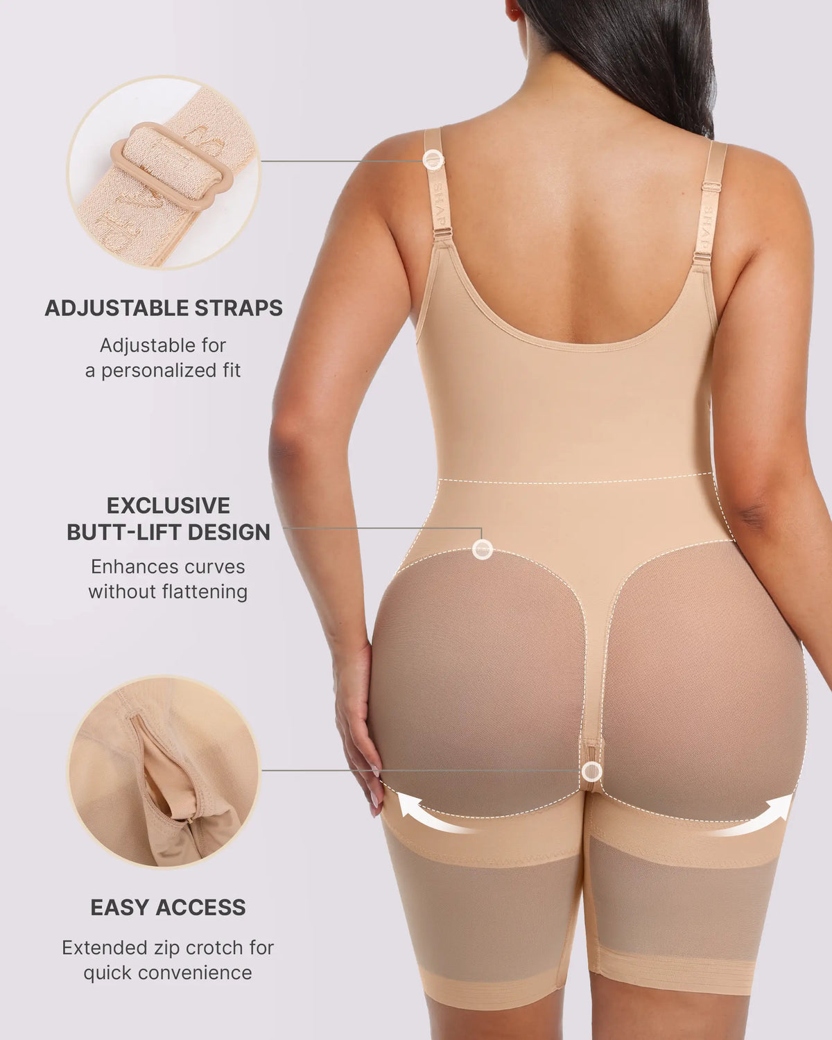 Back view highlighting body-contouring support and seamless shaping
