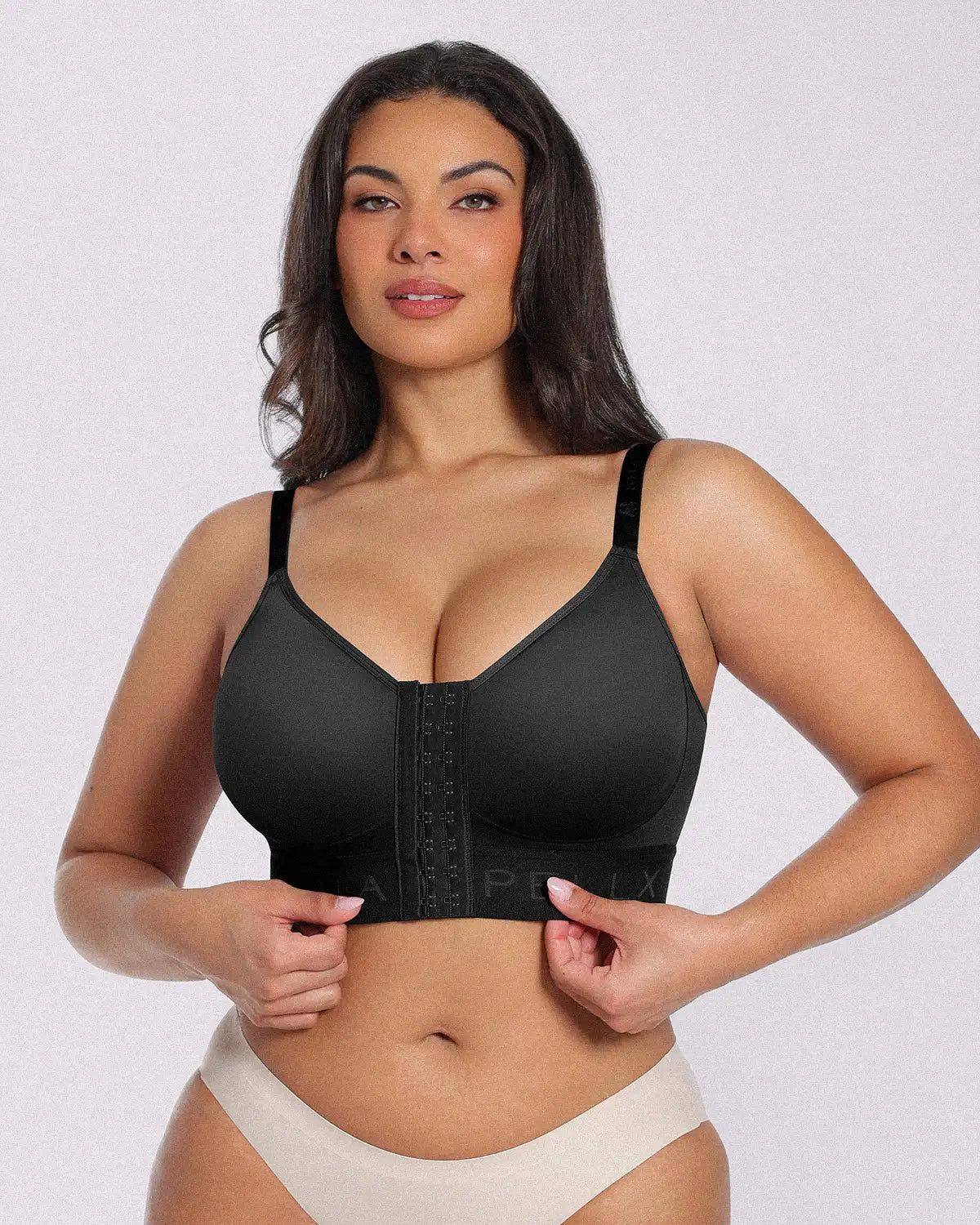 Unlined wireless bra with front-closure design and everyday support