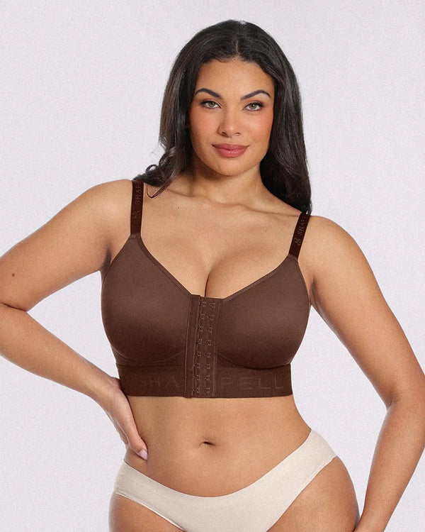 Unlined wireless bra with front-closure design and everyday support