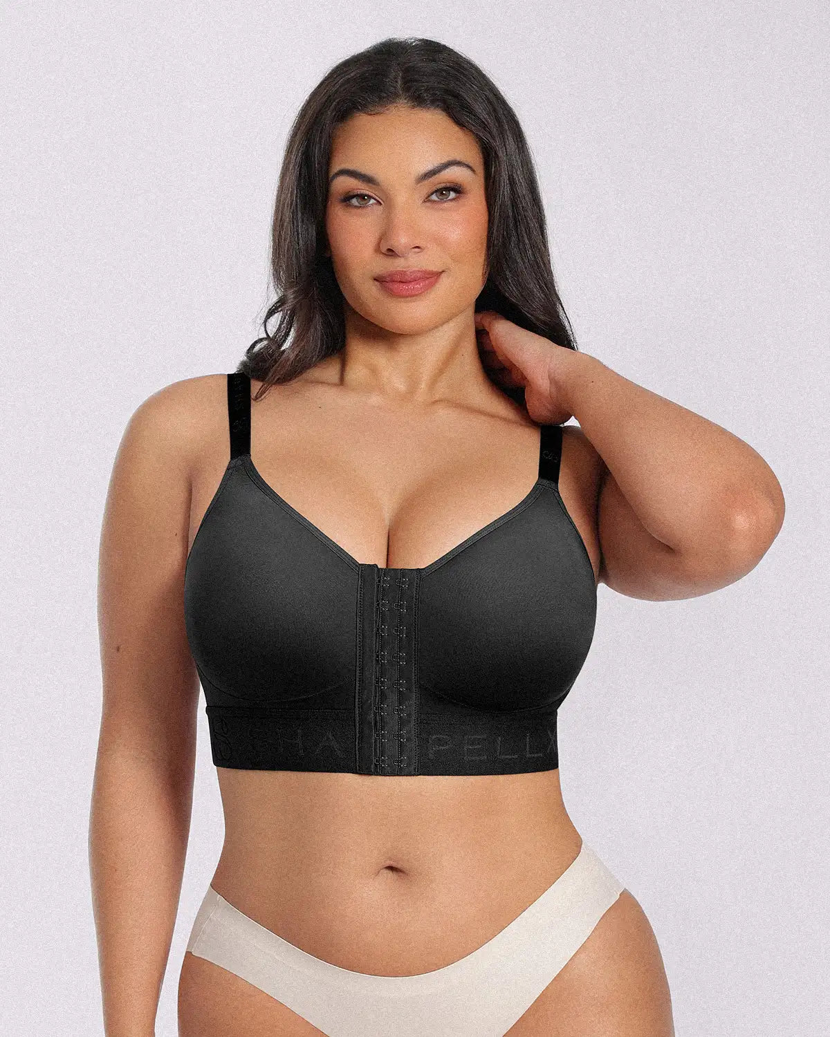 Unlined wireless bra with front-closure design and everyday support