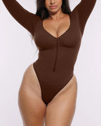 Bare Essentials™ Skin Flow™ Long Sleeve Zipper Front Thong Bodysuit