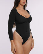 Bare Essentials™ Skin Flow™ Long Sleeve Zipper Front Thong Bodysuit