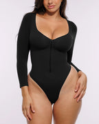 Bare Essentials™ Skin Flow™ Long Sleeve Zipper Front Thong Bodysuit