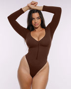 Bare Essentials™ Skin Flow™ Long Sleeve Zipper Front Thong Bodysuit