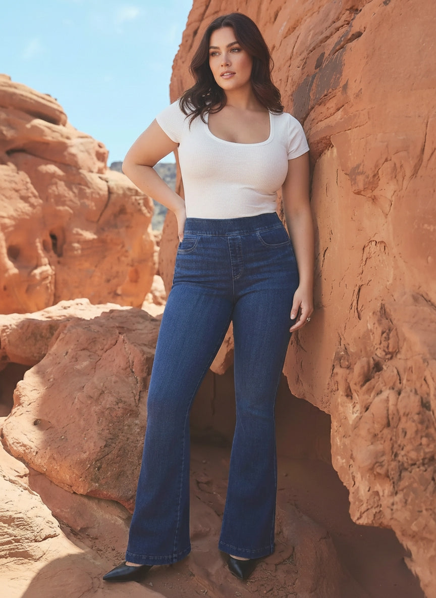 High-Waisted Padded Hip Flare Jeans