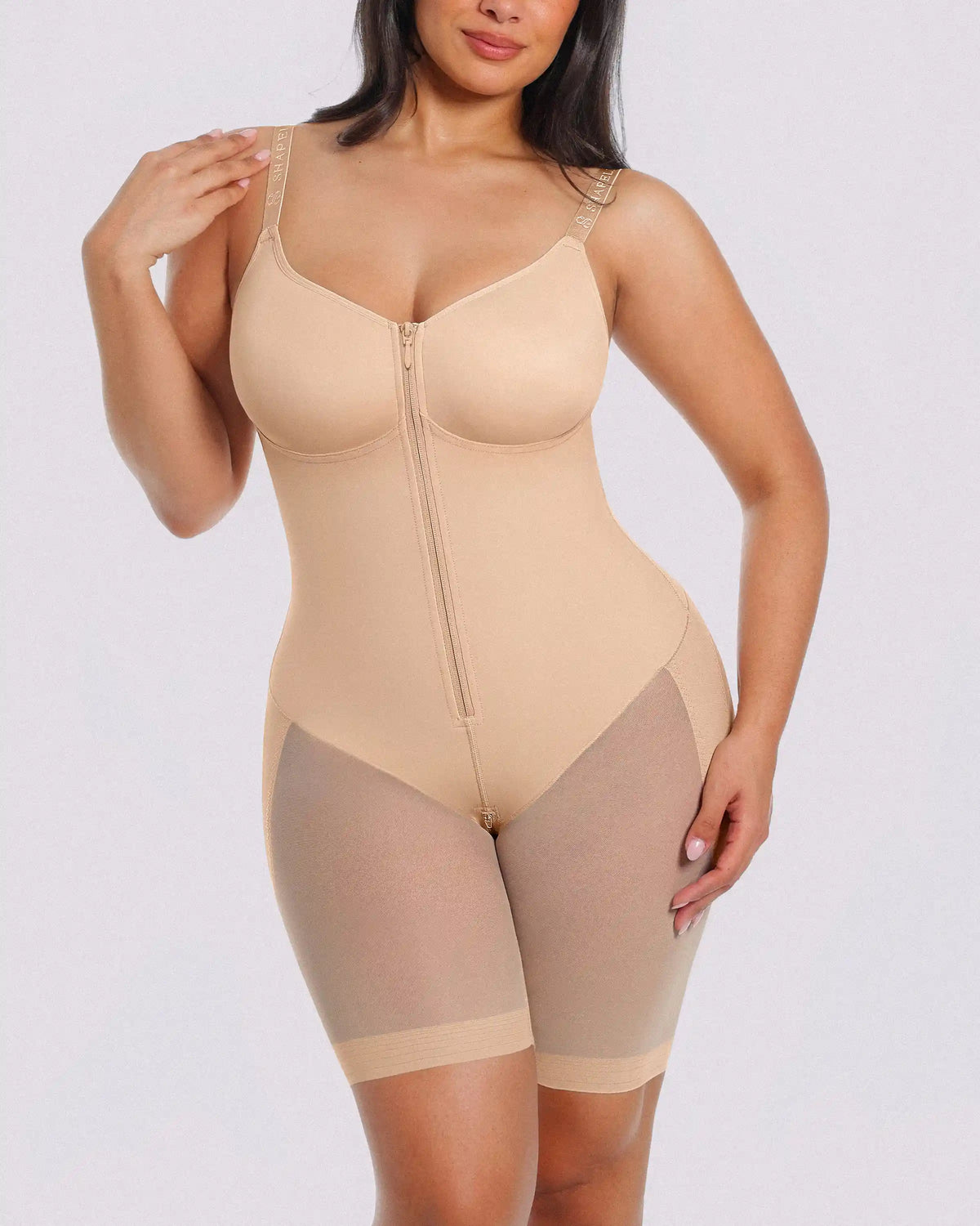 Hourglass full-body bodysuit with mid-thigh coverage and sculpting support