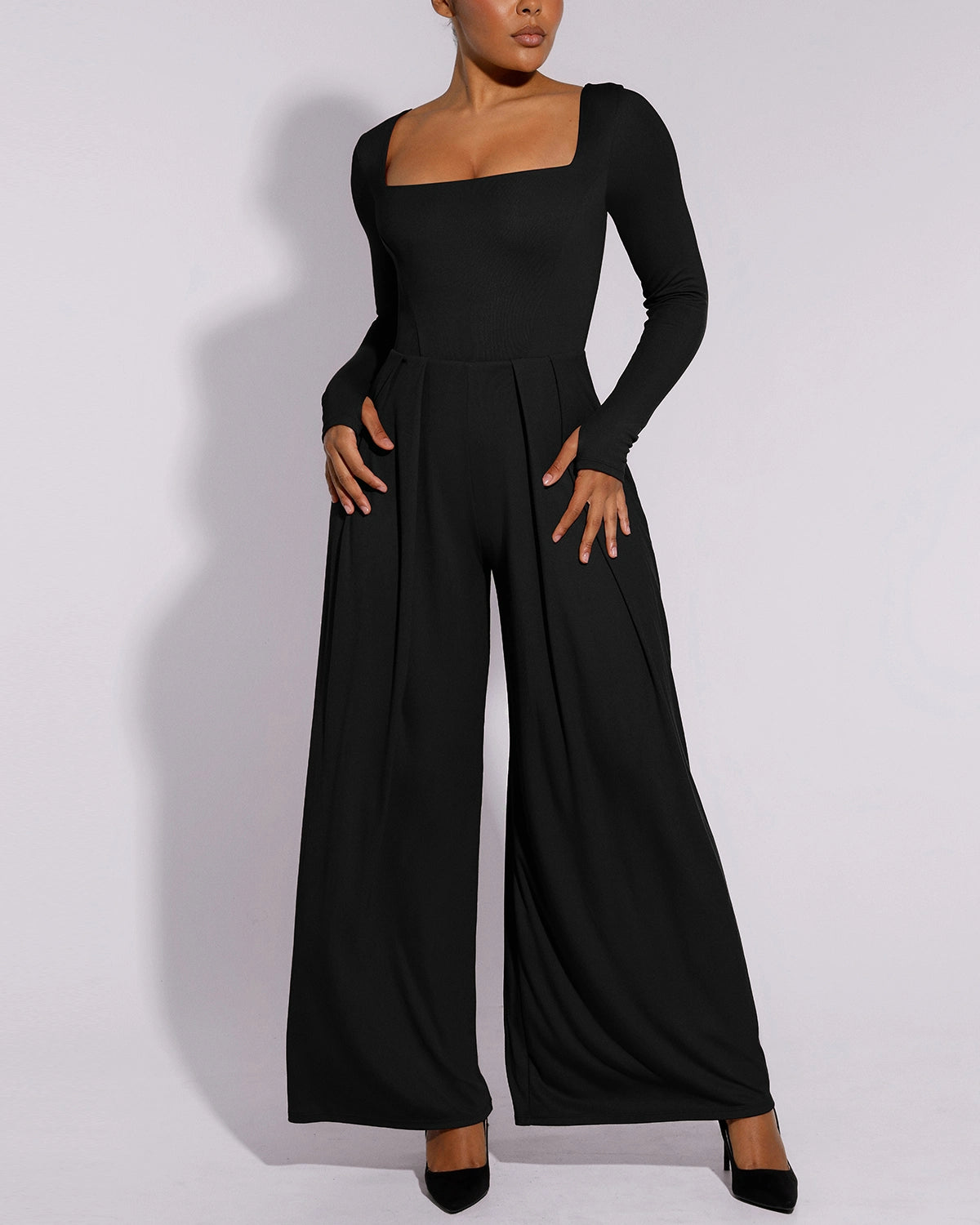 Square Neckline Built-In Shaping Jumpsuit in black, front view showing classic square neck design
