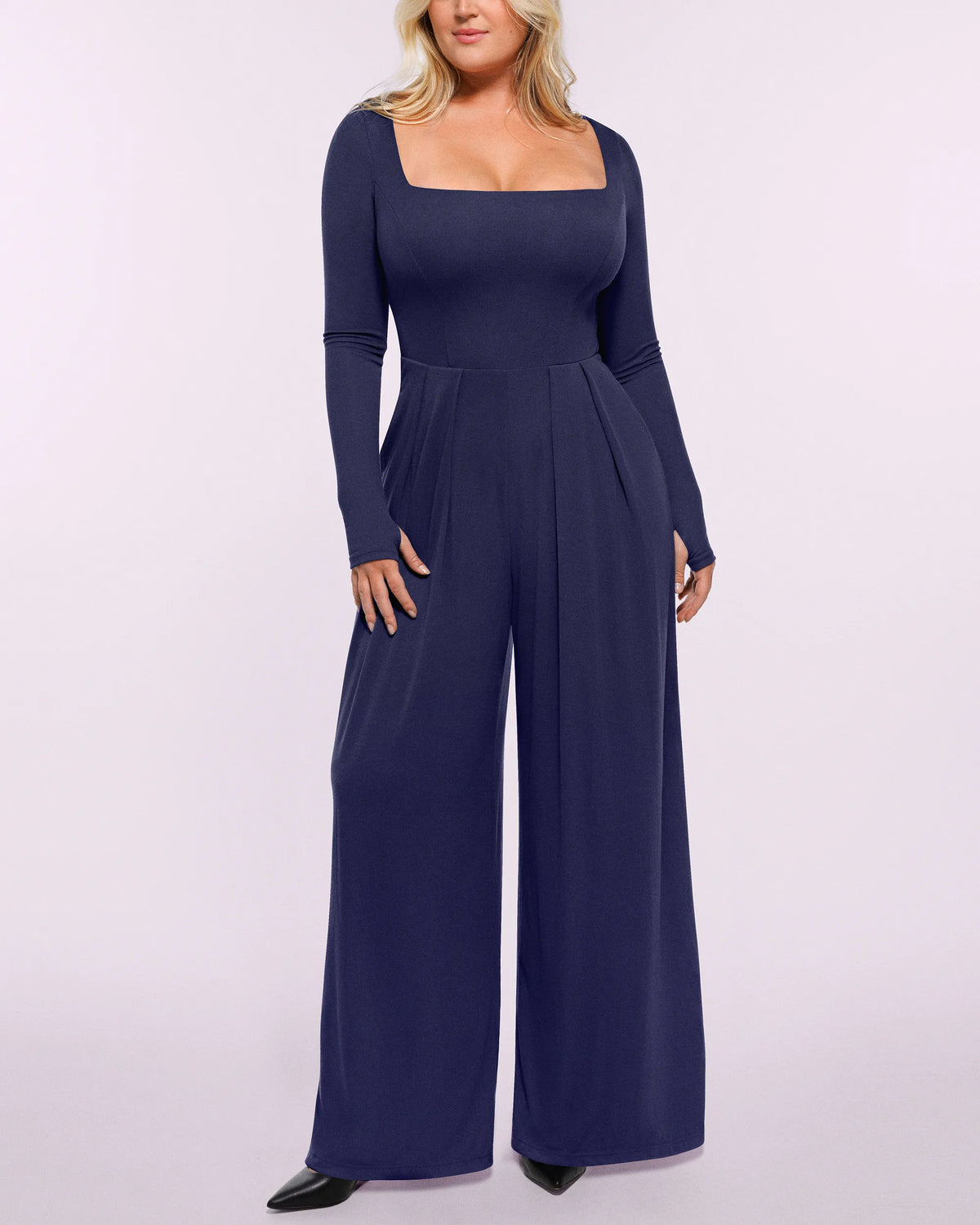 Square Neckline Built-In Shaping Jumpsuit in navy blue, front view showing classic square neck design