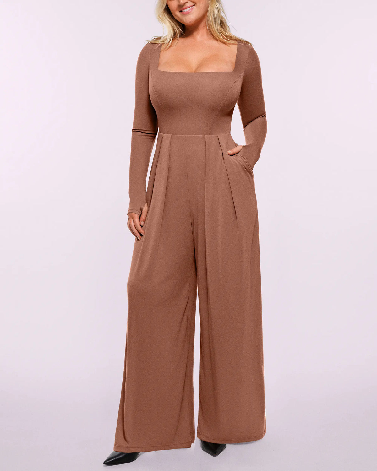 Square Neckline Built-In Shaping Jumpsuit in camel, front view showing classic square neck design