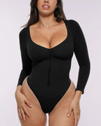 Bare Essentials™ Skin Flow™ Long Sleeve Zipper Front Thong Bodysuit