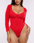 Bare Essentials™ Skin Flow™ Long Sleeve Zipper Front Thong Bodysuit