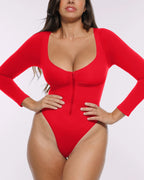 Bare Essentials™ Skin Flow™ Long Sleeve Zipper Front Thong Bodysuit
