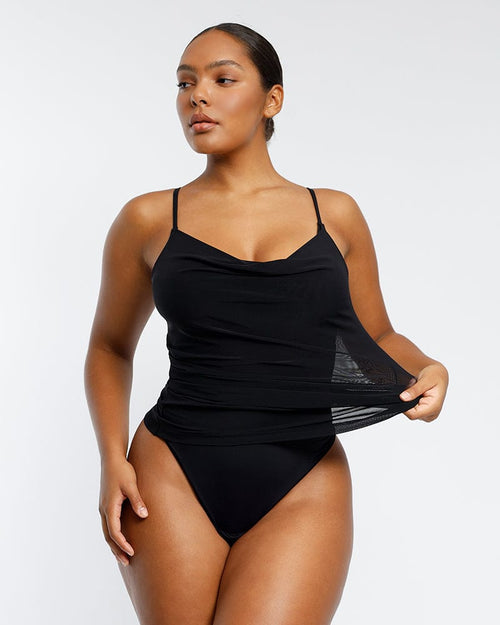 Built-In Shapewear 2-in-1 Mesh Draped Cami Top