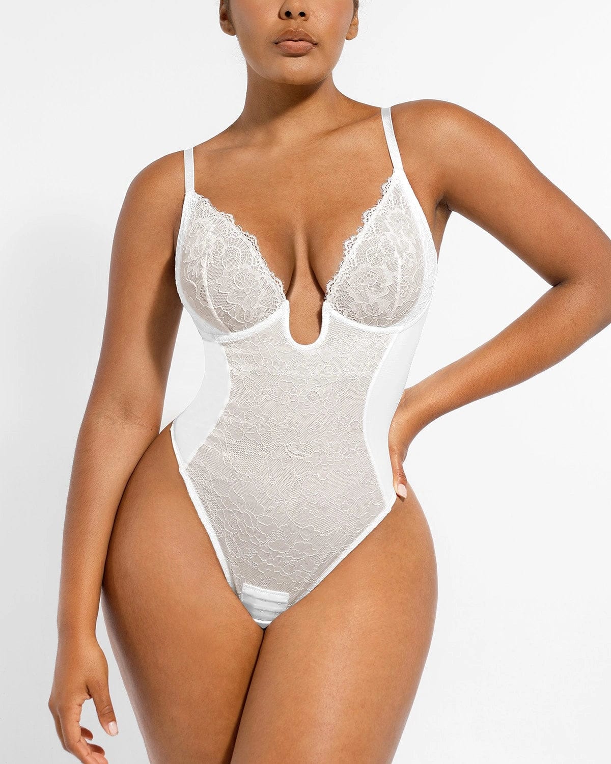 Lace Glamour Supportive Plunge Thong Bodysuit