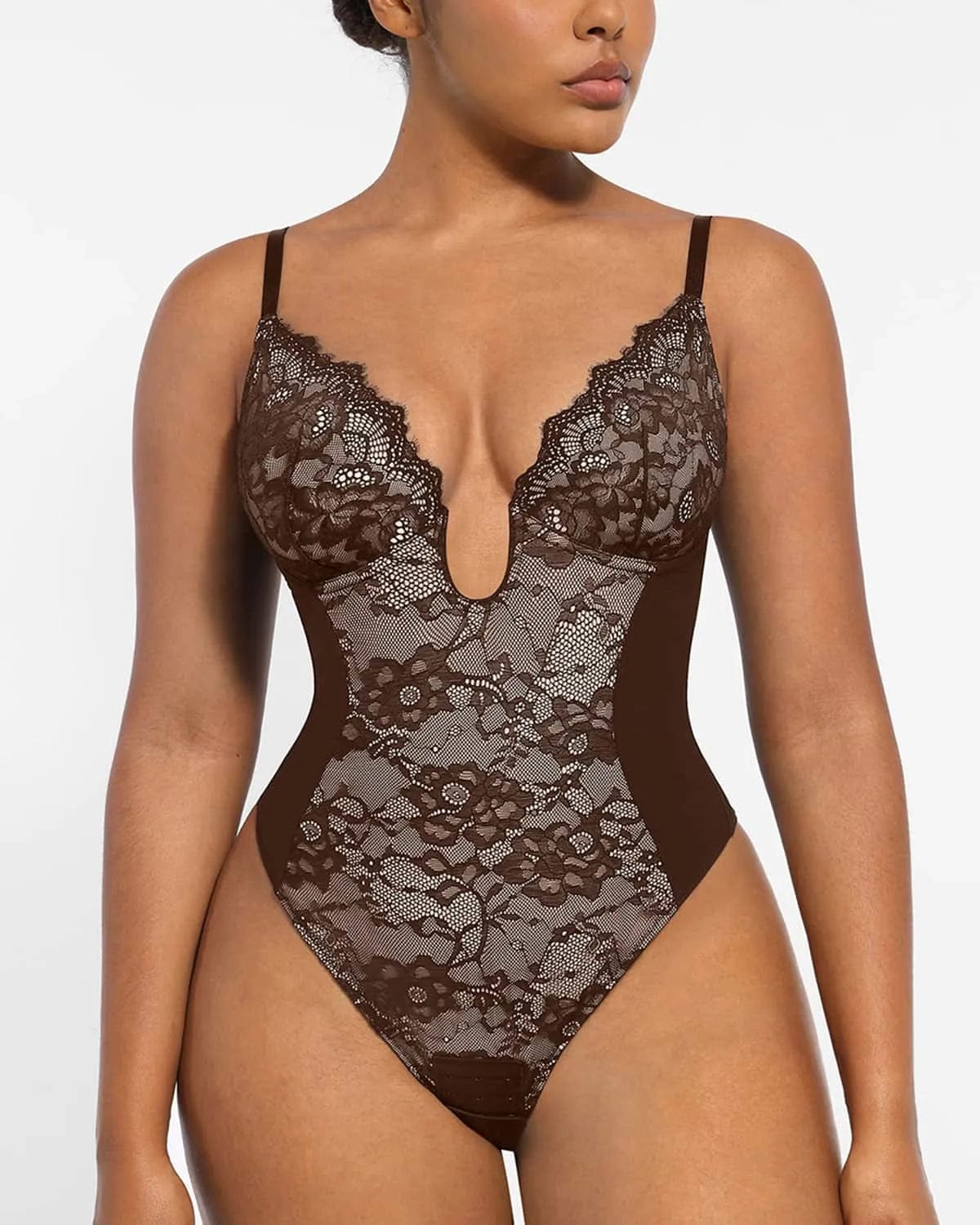 Lace Glamour Supportive Plunge Thong Bodysuit