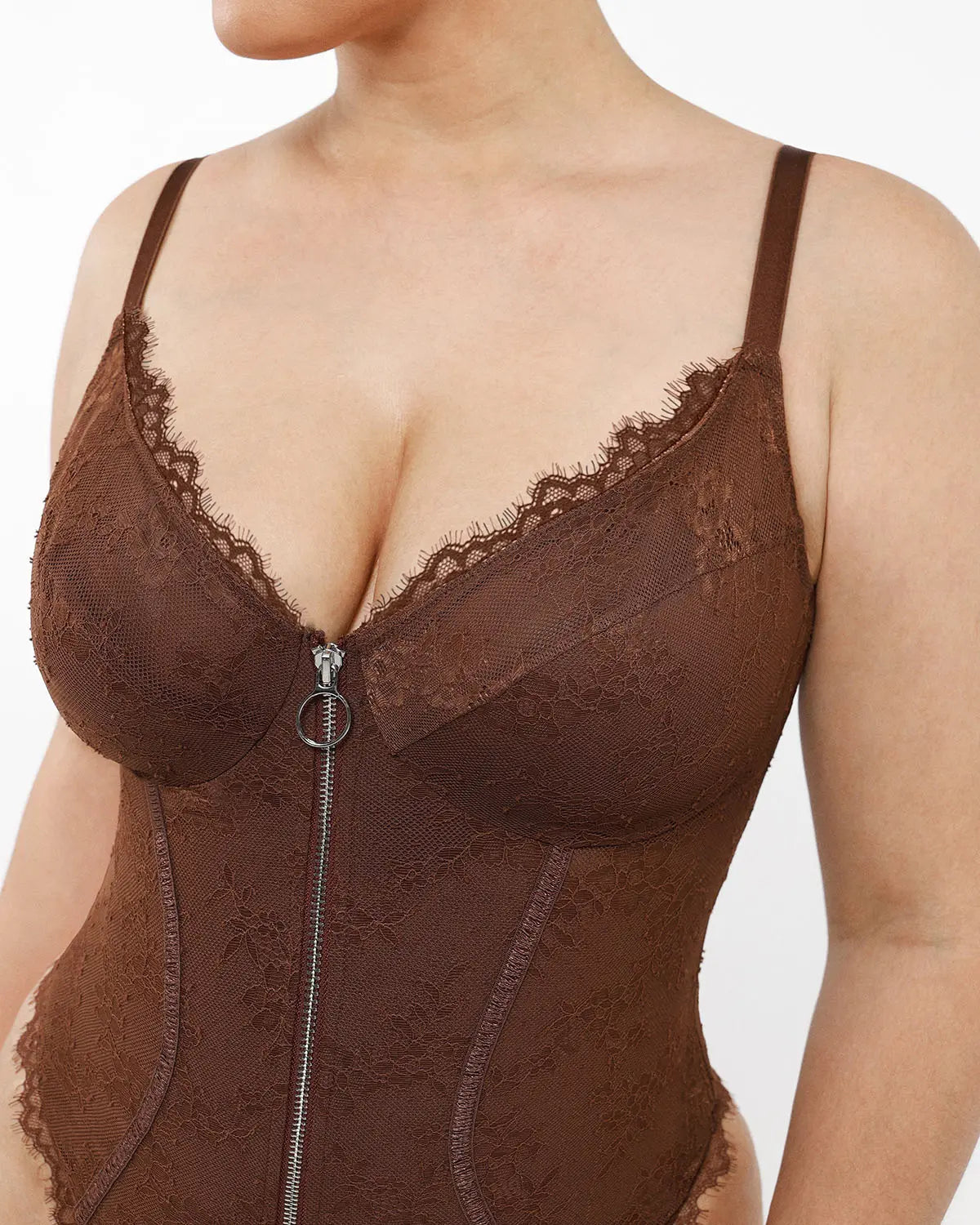 Lace Glamour Flawless Zip Front Thong Bodysuit | Shapellx
